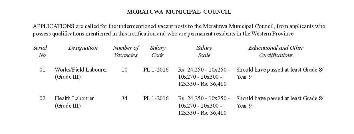 Office Assistant, Library Assistant, Driver, Works/Field Labourer, Health Labourer, Watchman, Cemetery Keeper, Playground Keeper - Moratuwa Municipal Council